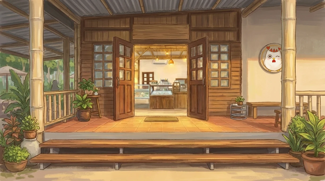 The Satimi.Sook game: the painted doorway of the shop, seen from the garden